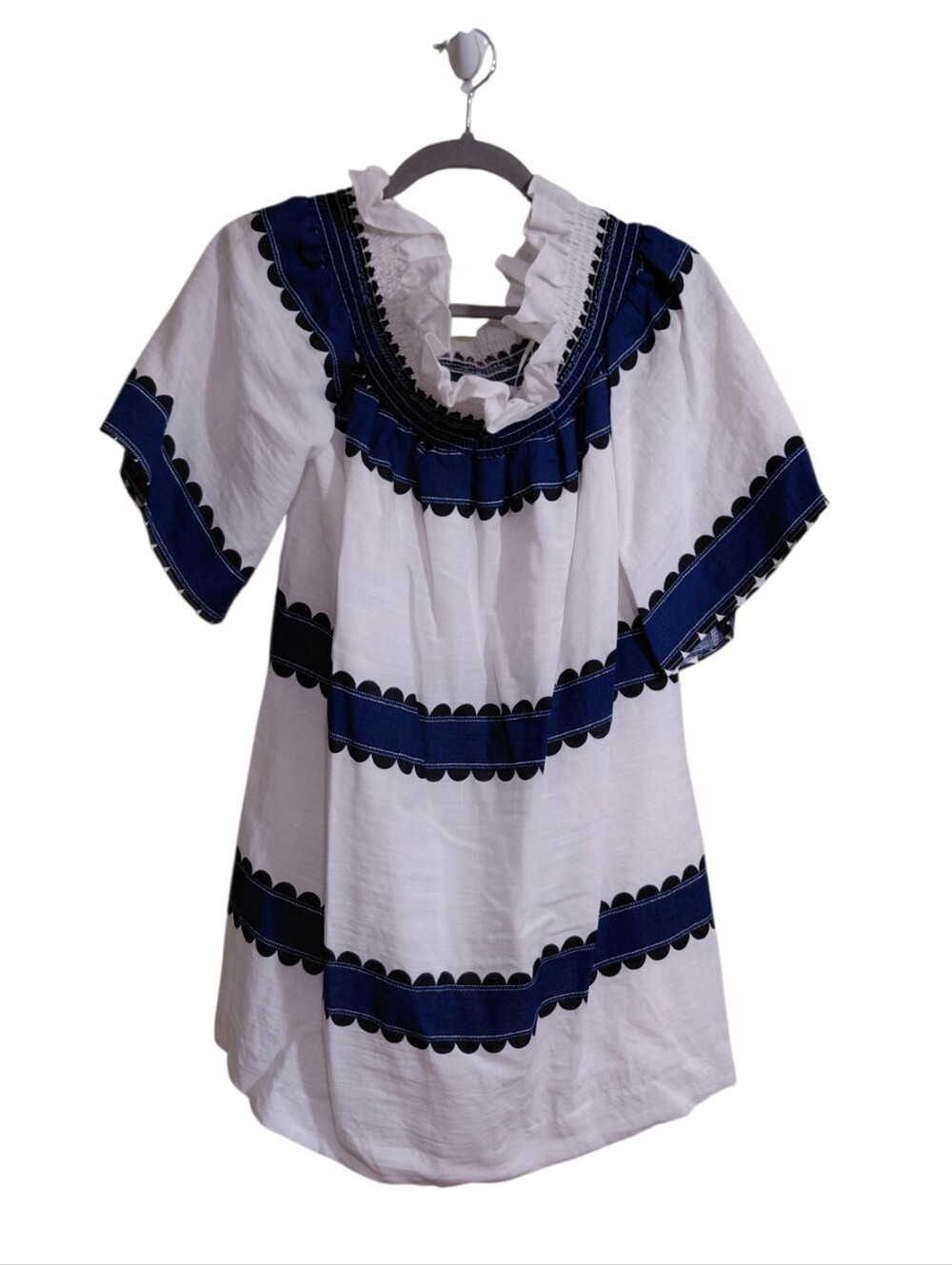 English Factory White Tunic with Navy Embroidered Bands